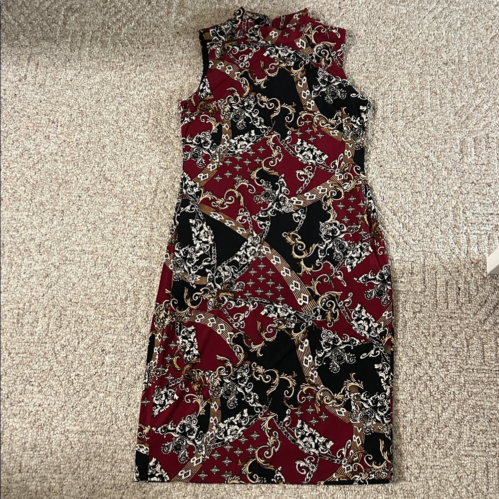 Est. 1946 Black, Maroon & Gold High‑Neck Sheath Dress – Women’s Medium, Excellen